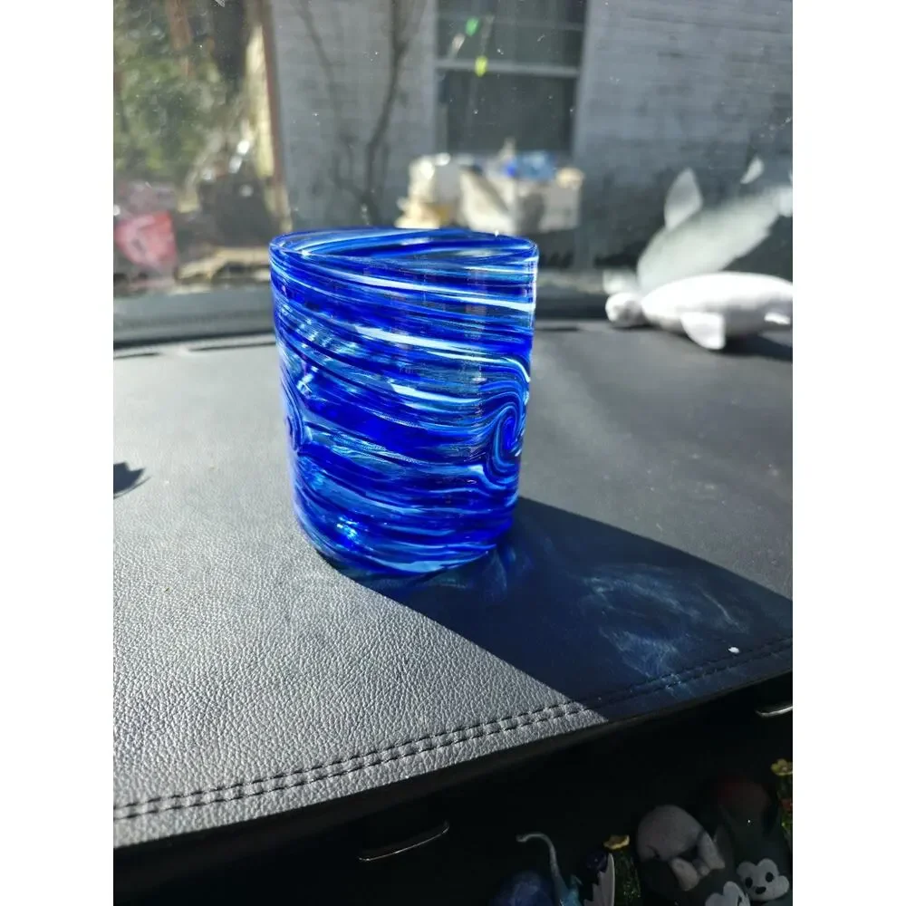 Cory Ballis Signed Cobalt Blue Swirl Art Glass Lowball Rocks Tumbler Handmade